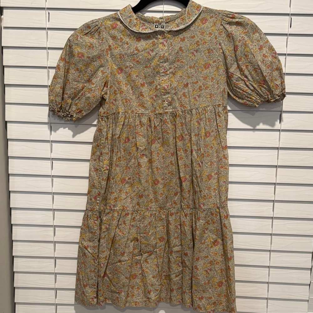 Bonton Cream A-line Dress with Puff Sleeves and Peter Pan Collar
